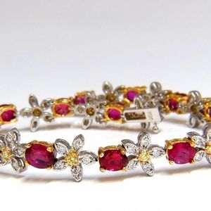 7.28ct Red natural ruby diamonds flower cluster tennis bracelet 18kt gold*